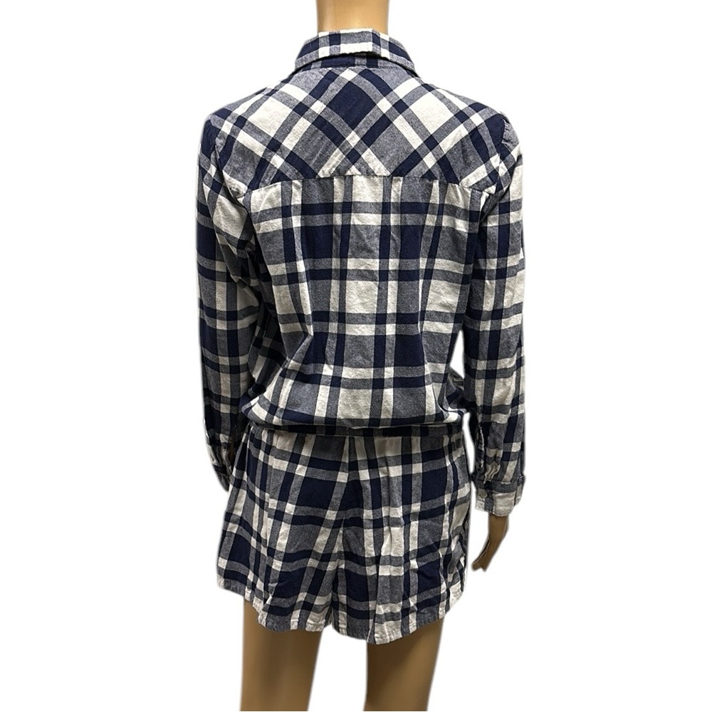 Aerie Cotton Blue White Flannel Plaid Button Up Long Sleeve Short Romper Large - Picture 4 of 13